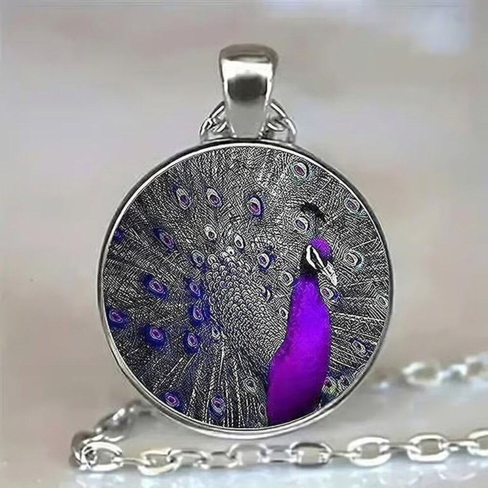 Silver PURPLE PEACOCK Glass Cabochon Pendant Necklace